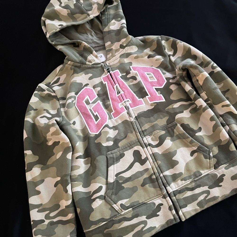 GAP Kids Green Camouflage Hoodie with Pink Logo